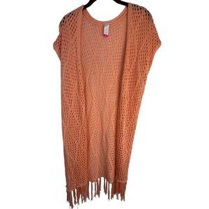 no boundaries cardigan sweater open front knit fringe peach acrylic size 7 READ